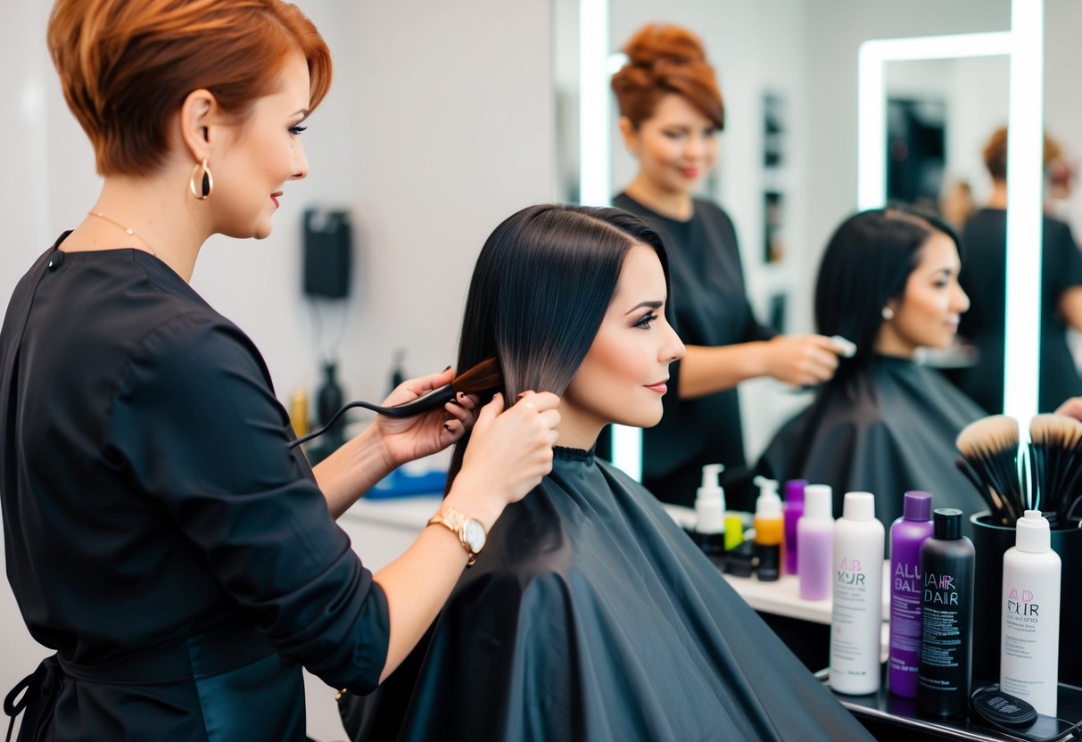 A hair salon scene with a stylist applying color to a client's hair, surrounded by hair dye bottles, brushes, and salon equipment