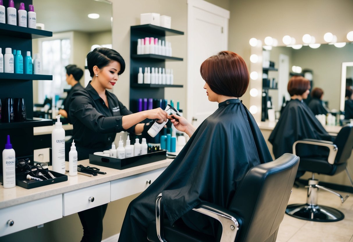 A hair salon scene with a stylist mixing hair color at a workstation, surrounded by shelves of hair dye and tools. A client's chair sits nearby, with a mirror and salon equipment in the background