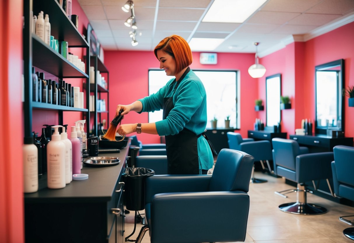 A cozy hair salon with vibrant colors and comfortable seating. A stylist mixing hair dye at a workstation, surrounded by shelves of hair products