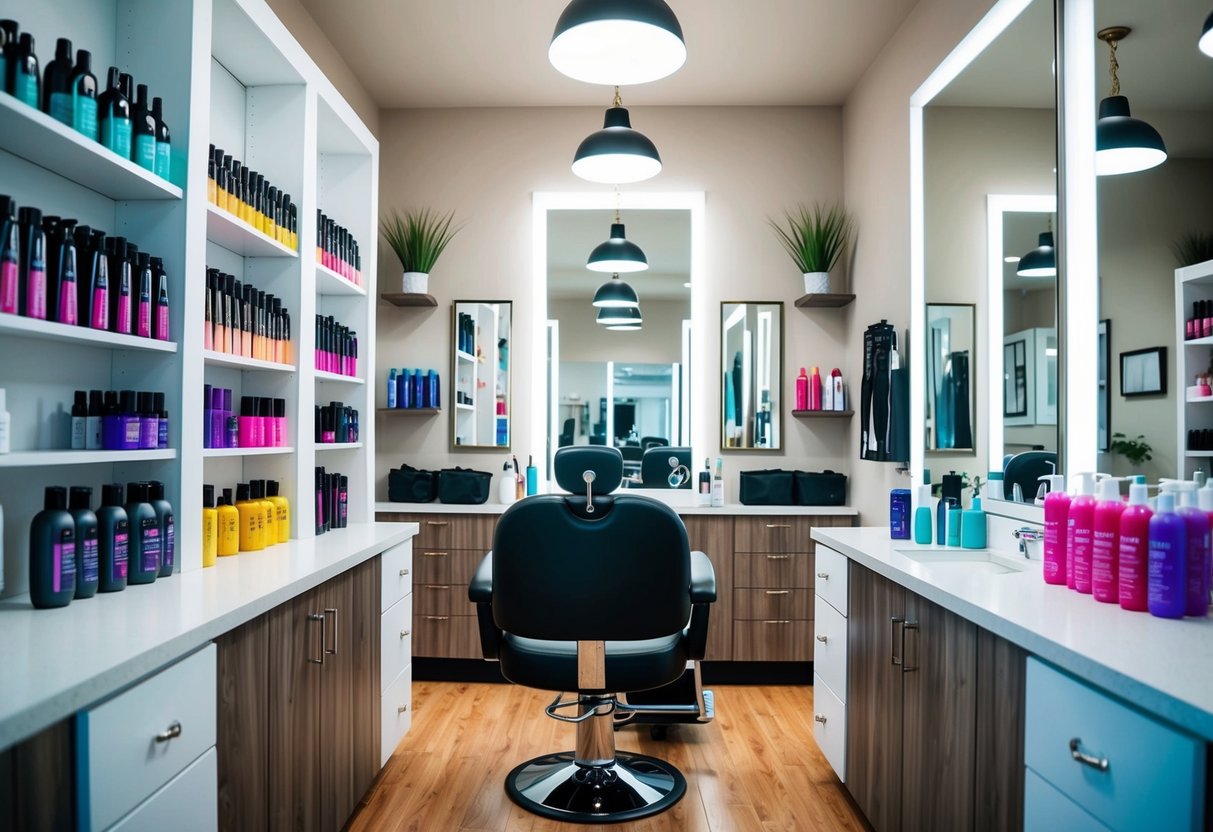 A cozy salon with vibrant hair dye options displayed on shelves. A stylist's chair sits in the center, surrounded by mirrors and hair care products