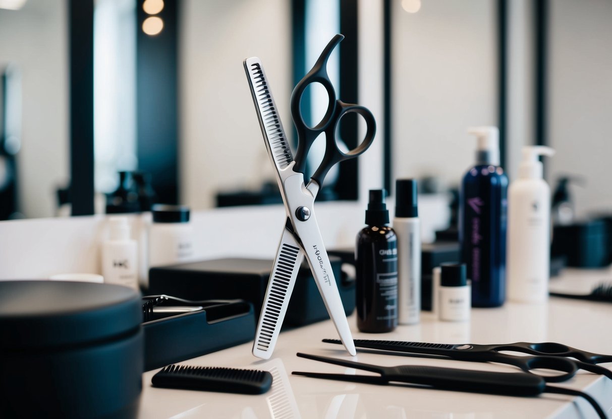 A hairstylist's ergonomic scissors on a sleek, modern salon station, surrounded by hair products and tools