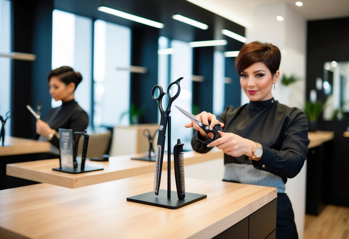 A hairstylist selects ergonomic hair cutting scissors from a display stand in a modern salon