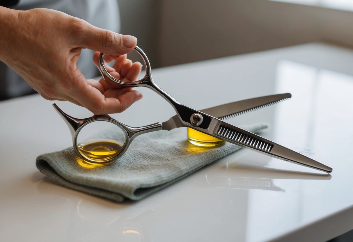 A pair of ergonomic hairdressing scissors being cleaned and maintained with oil and a cloth on a clean, well-lit work surface